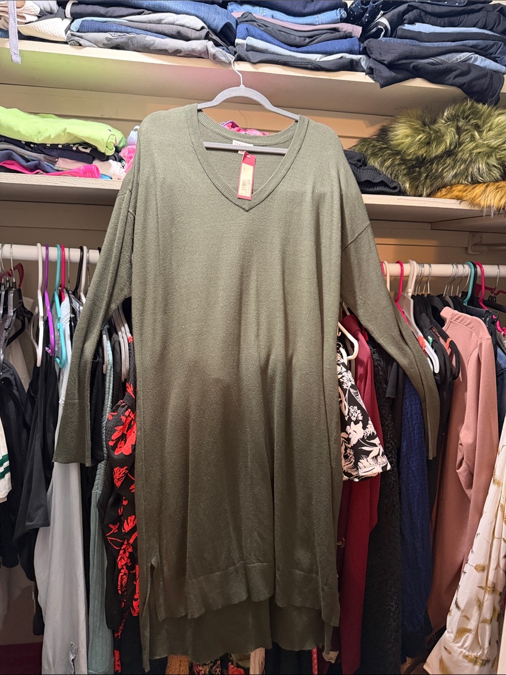 Olive Green V-Neck Women's Tunic Sweater